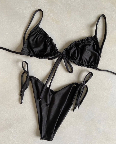 Women's Split Bikini Solid Color Strappy Swimsuit